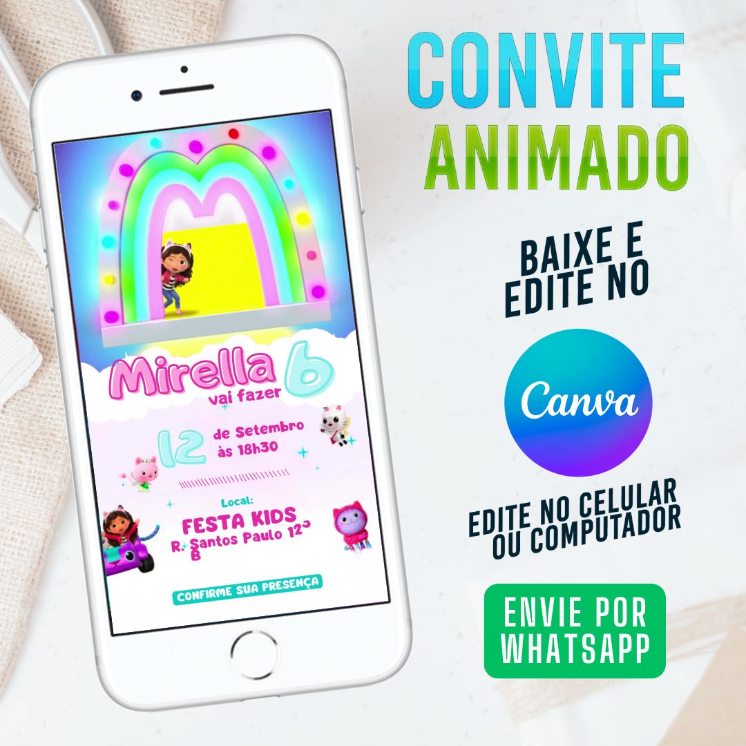 Casa Mágica da Gabby Aquarela convite Editável no Canva. Convite Virtual Casa Mágica da Gabby. Convite Virtual Casa Mágica da Gabby Template Canva.