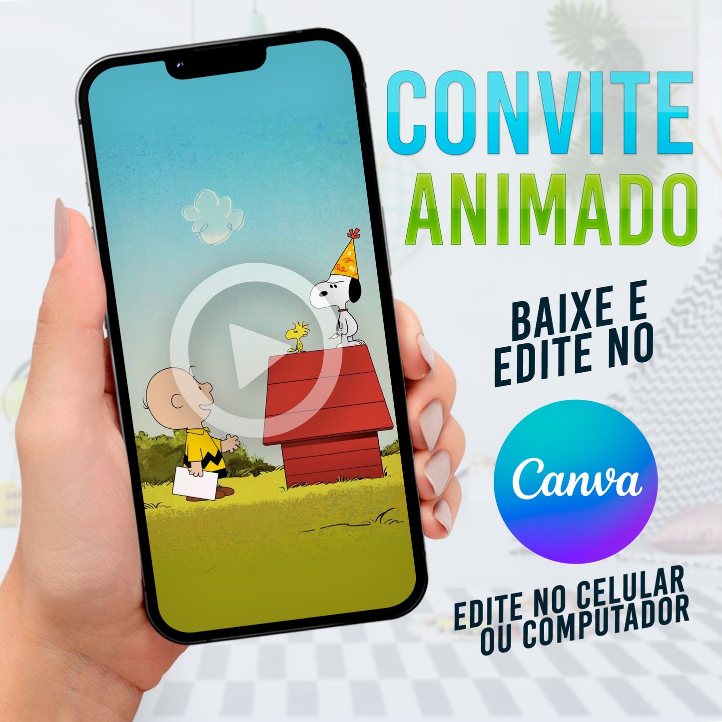 Charlie Braw Snoopy Convite Animado editável no Canva. Festa Charlie Braw Snoopy. Convite animado Charlie Braw Snoopy. Template Convite Charlie Braw Snoopy. 01