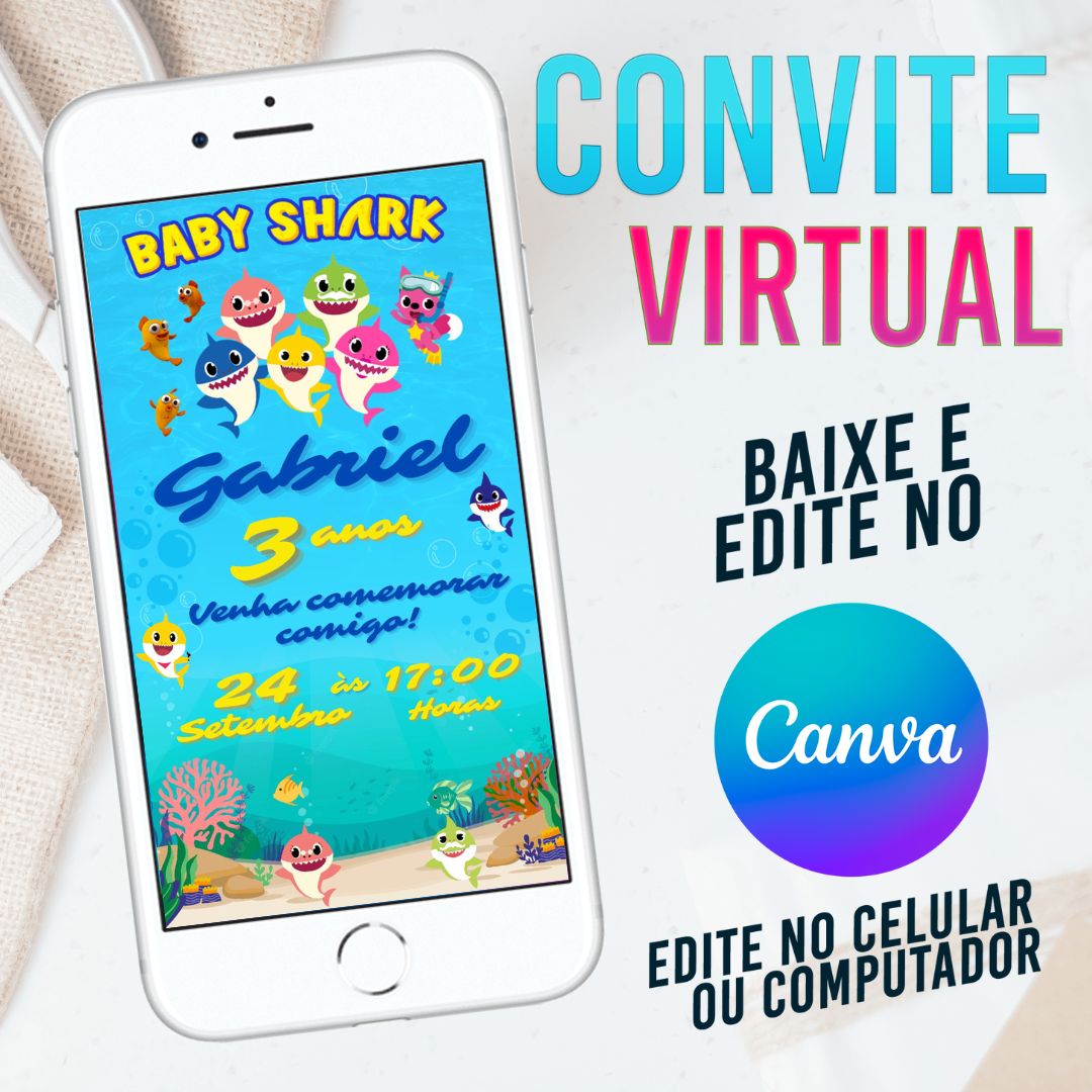 Baby Shark convite Editável no Canva. Convite Virtual Baby Shark. Convite Virtual Baby Shark Template Canva.