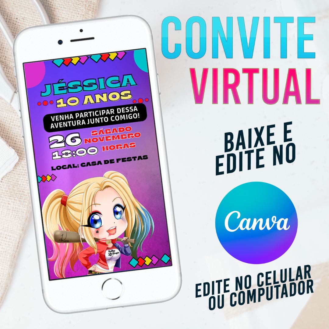 Arlequina convite Editável no Canva. Convite Virtual Arlequina. Convite Virtual Arlequina Template Canva.