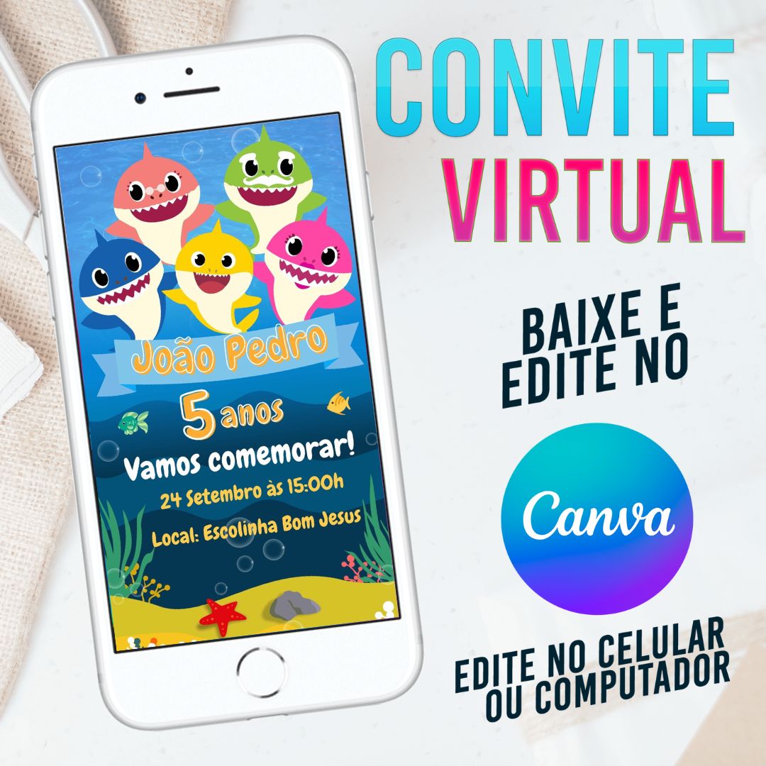 Baby Shark convite Editável no Canva. Convite Virtual Baby Shark. Convite Virtual Baby Shark Template Canva.