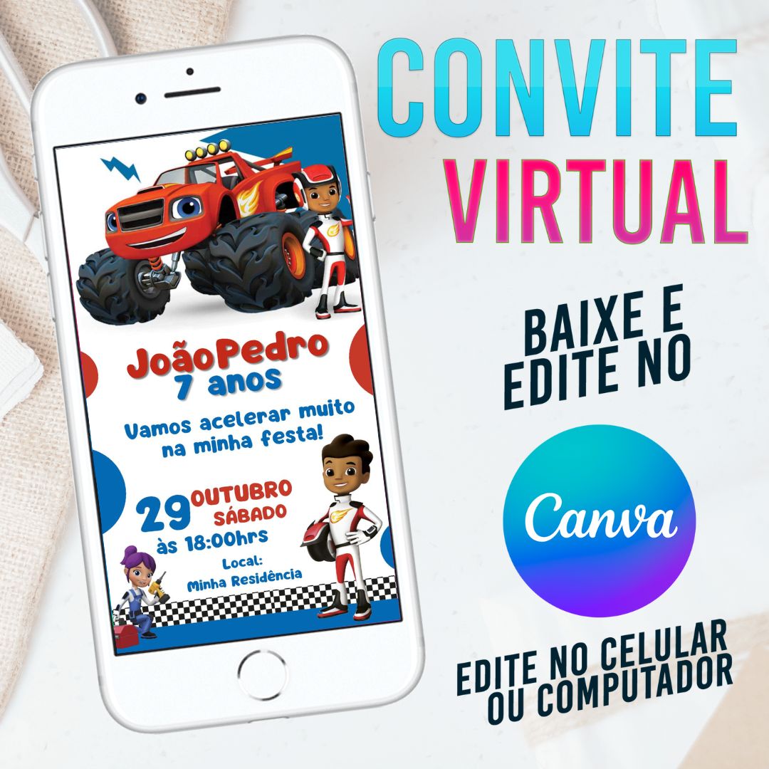 Blaze and the Monster Machines convite Editável no Canva. Convite Virtual Blaze and the Monster Machines. Convite Virtual Blaze and the Monster Machines Template Canva.