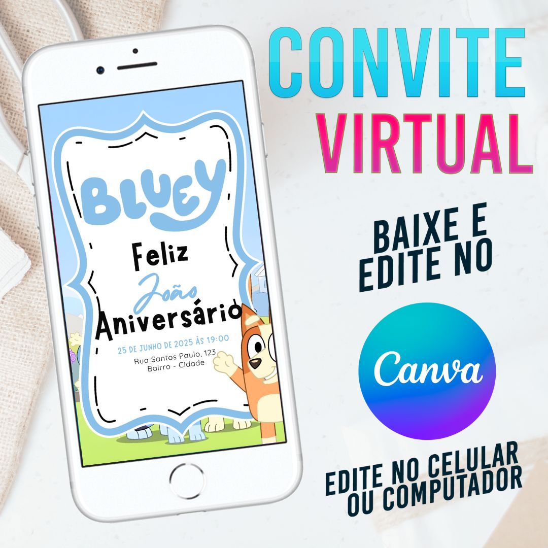 Bluey convite Editável no Canva. Convite Virtual Bluey. Convite Virtual Bluey Template Canva.