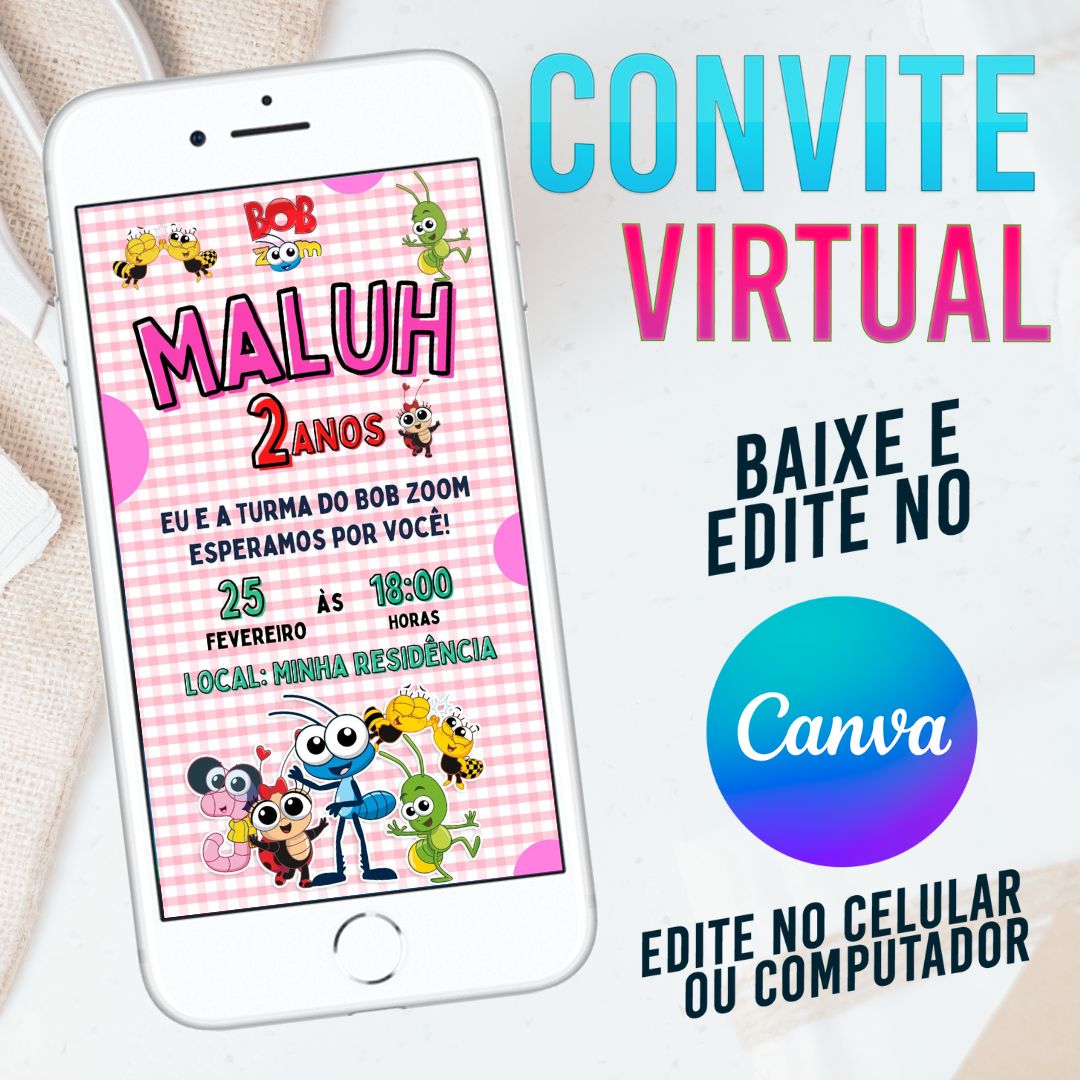 Bob Zoom convite Editável no Canva. Convite Virtual Bob Zoom. Convite Virtual Bob Zoom Template Canva.