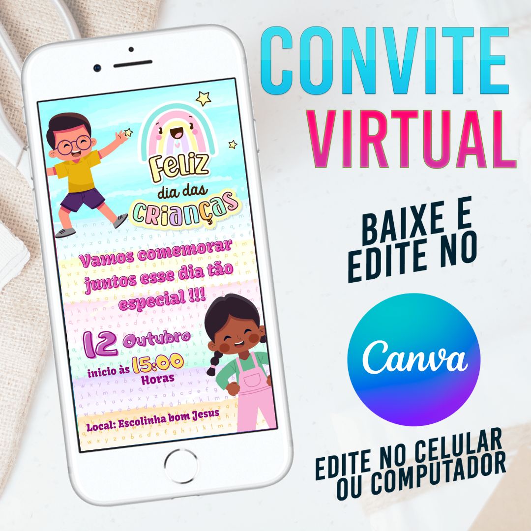 Dia das Crianças convite Editável no Canva. Convite Virtual Dia das CrIanças. Convite Virtual Dia das Crianças Template Canva.