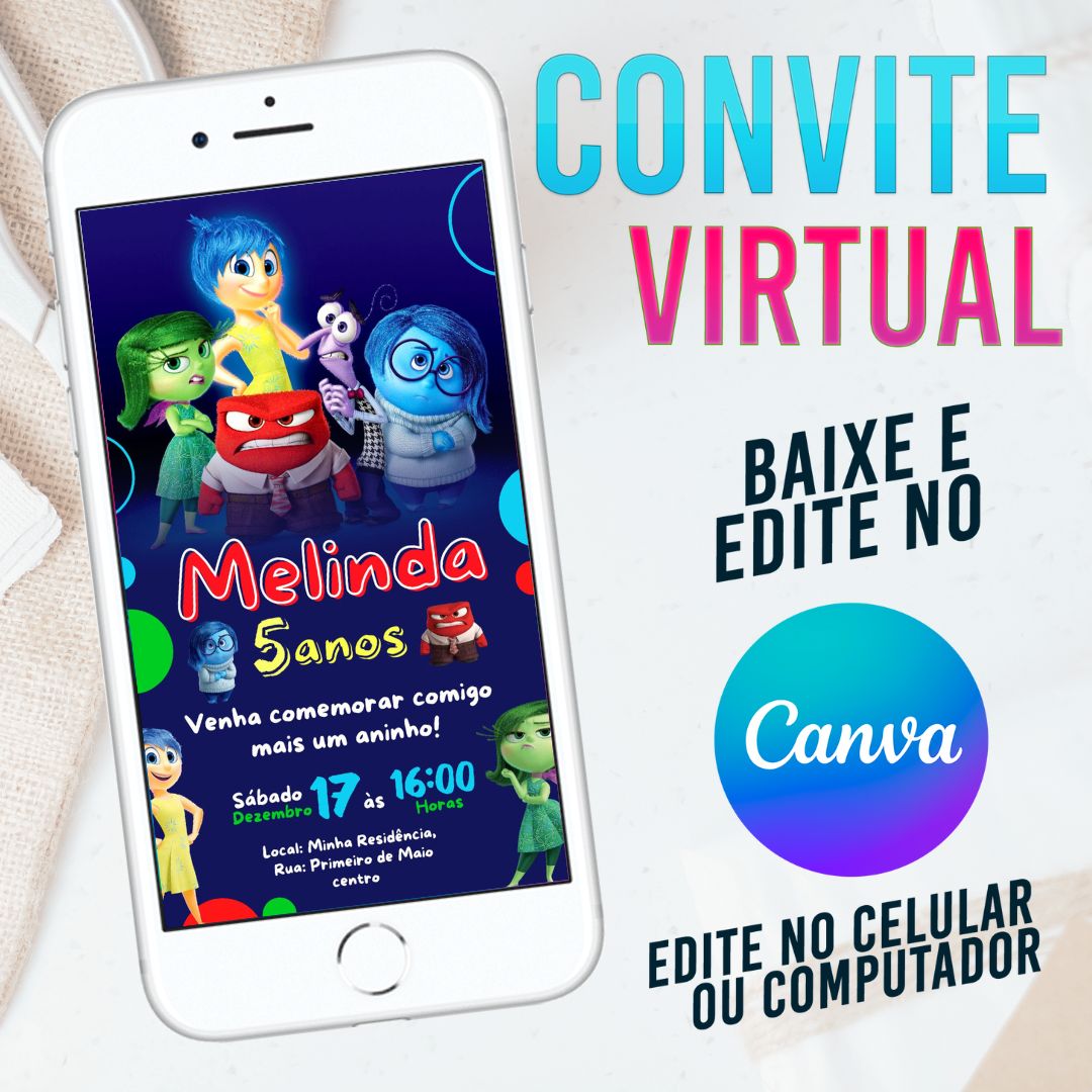 Divertida Mente convite Editável no Canva. Convite Virtual Divertida Mente. Convite Virtual Divertida Mente Template Canva. Convite Divertidamente.