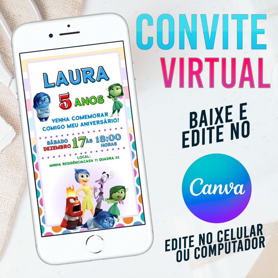 Divertida Mente convite Editável no Canva. Convite Virtual Divertida Mente. Convite Virtual Divertida Mente Template Canva. Convite Divertidamente.