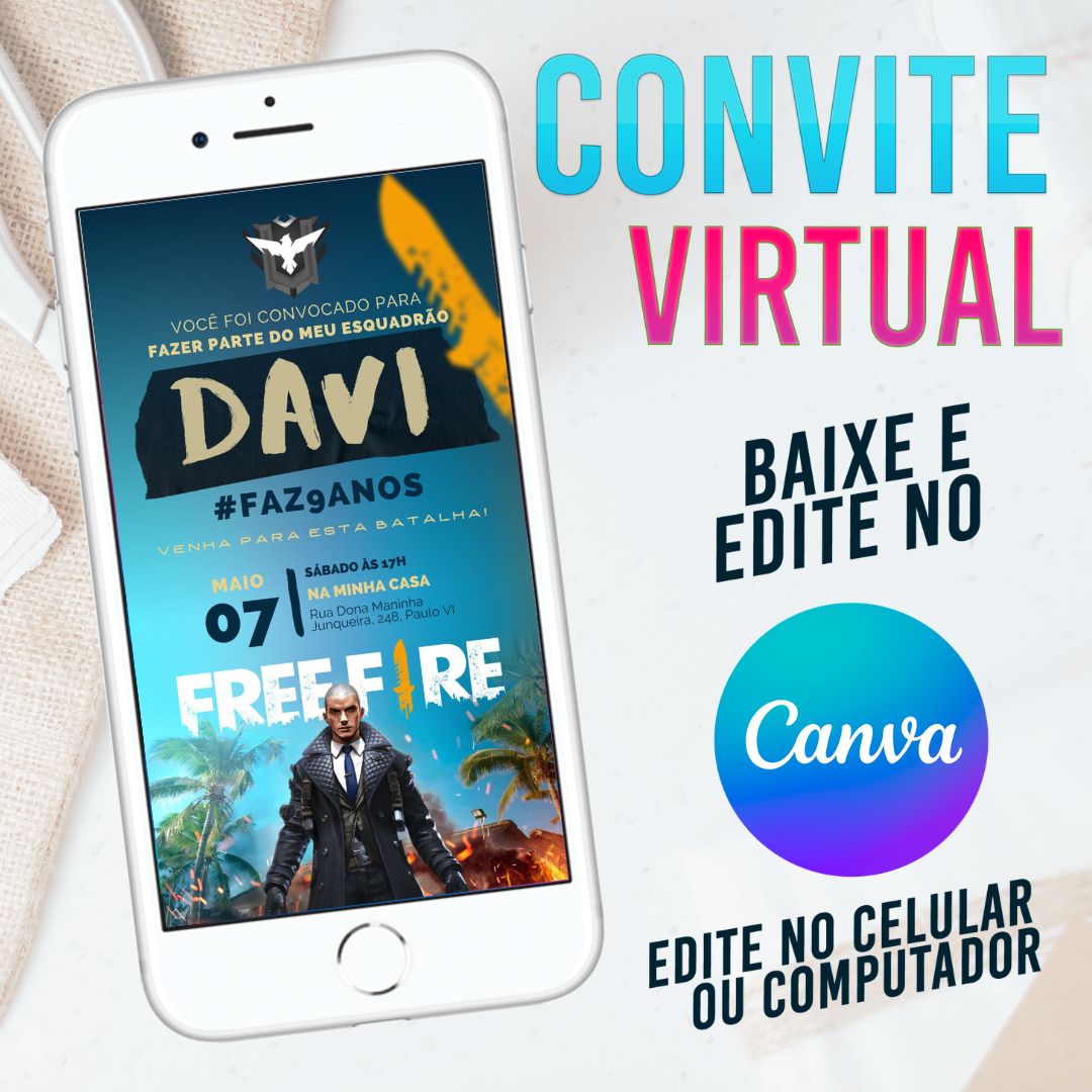 Free Fire convite Editável no Canva. Convite Virtual Free Fire. Convite Virtual Free Fire Template Canva.