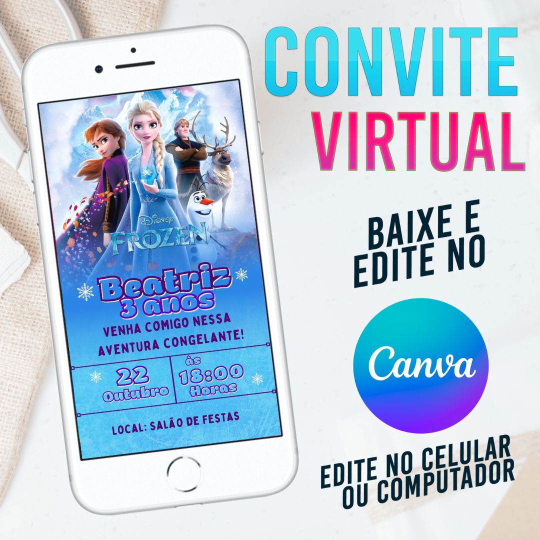 Frozen convite Editável no Canva. Convite Virtual Frozen. Convite Virtual Frozen Template Canva.