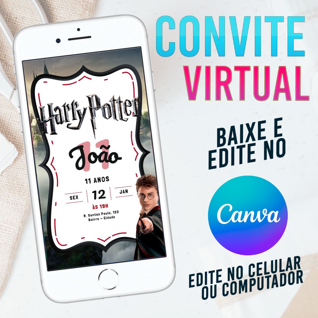 Harry Potter convite Editável no Canva. Convite Virtual Harry Potter. Convite Virtual Harry Potter Template Canva.