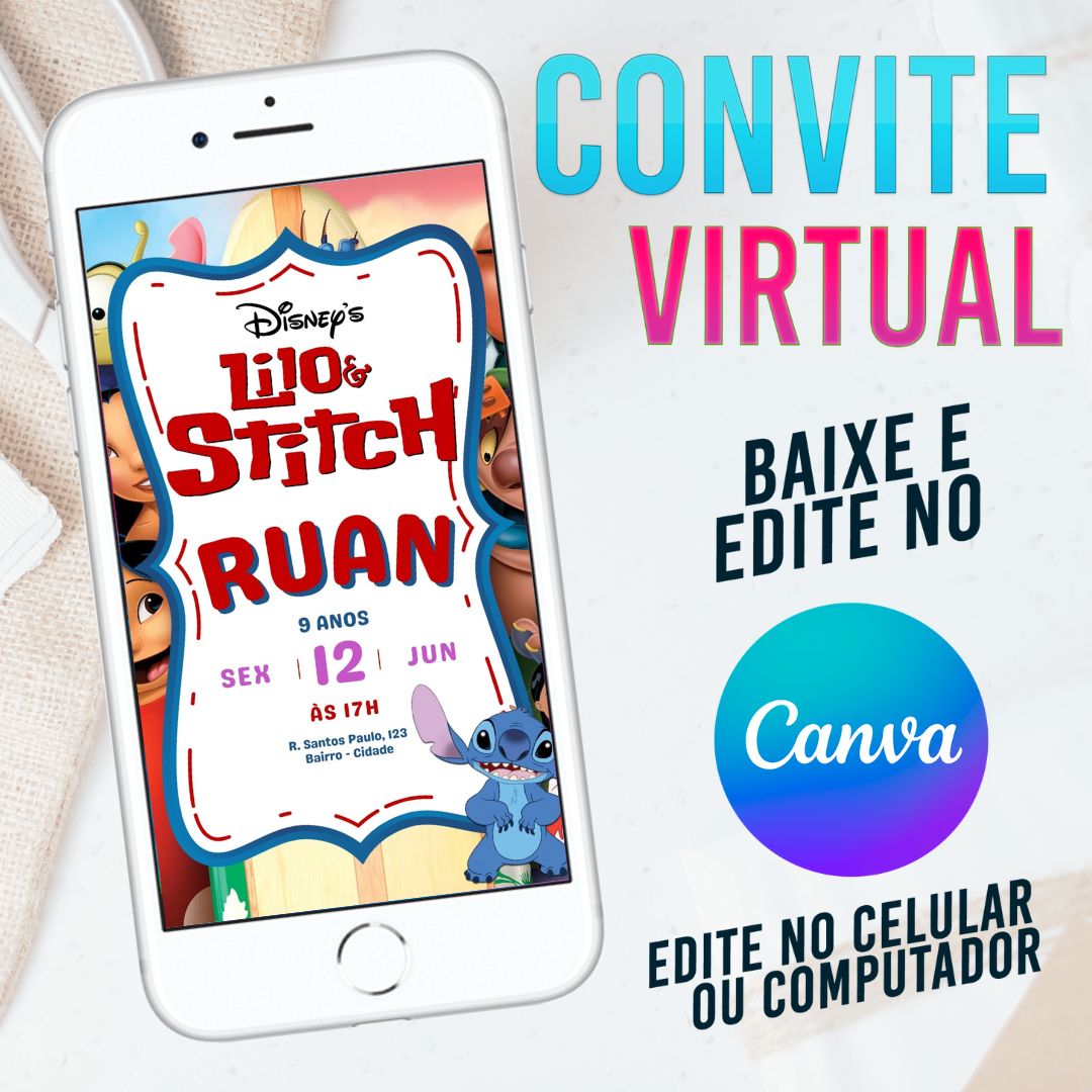 Lilo & Stitch convite Editável no Canva. Convite Virtual Lilo & Stitch. Convite Virtual Lilo & Stitch Template Canva.