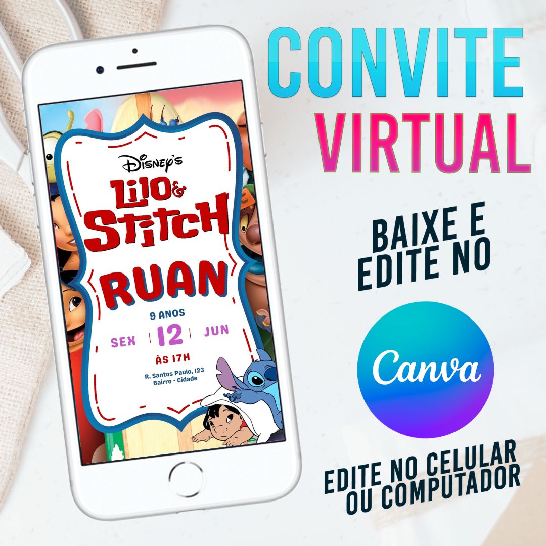 Lilo & Stitch convite Editável no Canva. Convite Virtual Lilo & Stitch. Convite Virtual Lilo & Stitch Template Canva.