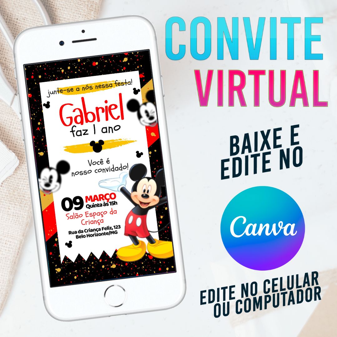 Mickey convite Editável no Canva. Convite Virtual Mickey. Convite Virtual Mickey Template Canva.