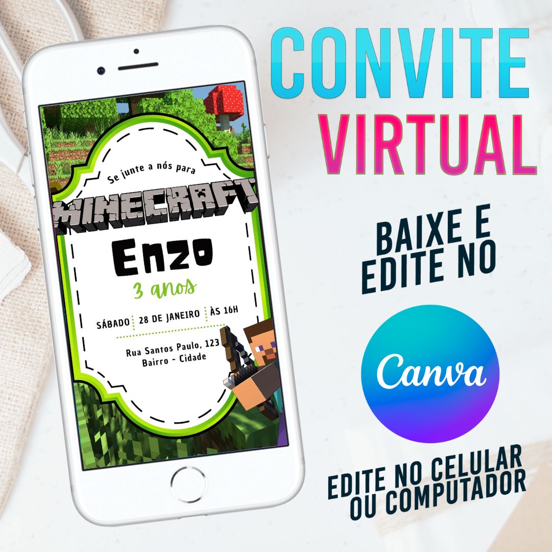 Minecraft convite Editável no Canva. Convite Virtual Minecraft. Convite Virtual Minecraft Template Canva.