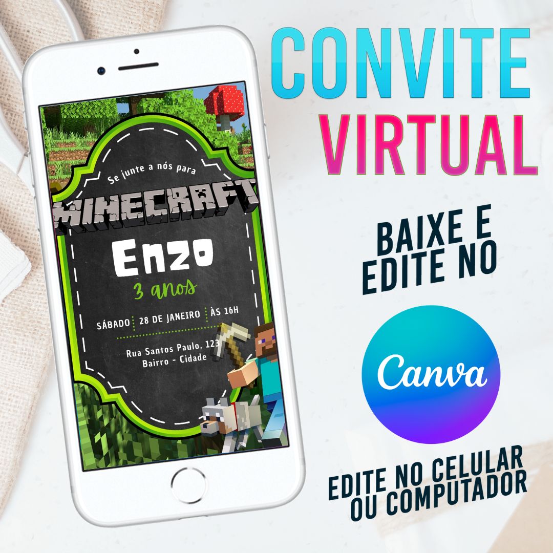 Minecraft convite Editável no Canva. Convite Virtual Minecraft. Convite Virtual Minecraft Template Canva.