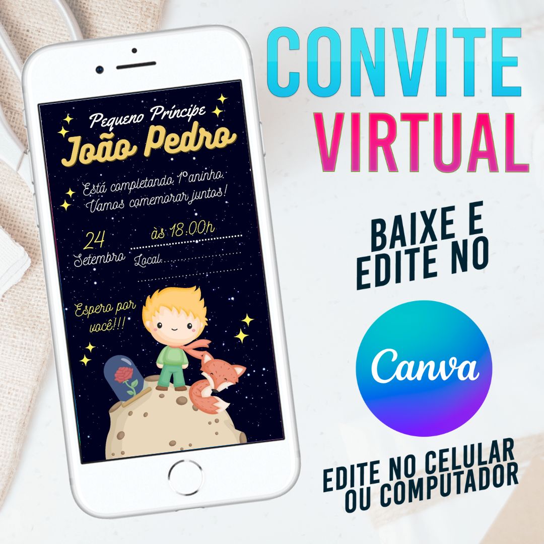 Pequeno Príncipe convite Editável no Canva. Convite Virtual Pequeno Príncipe. Convite Virtual Pequeno Príncipe Template Canva. (cópia)