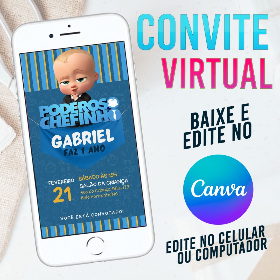 Poderoso Chefinho convite Editável no Canva. Convite Virtual Poderoso Chefinho. Convite Virtual Poderoso Chefinho Template Canva.