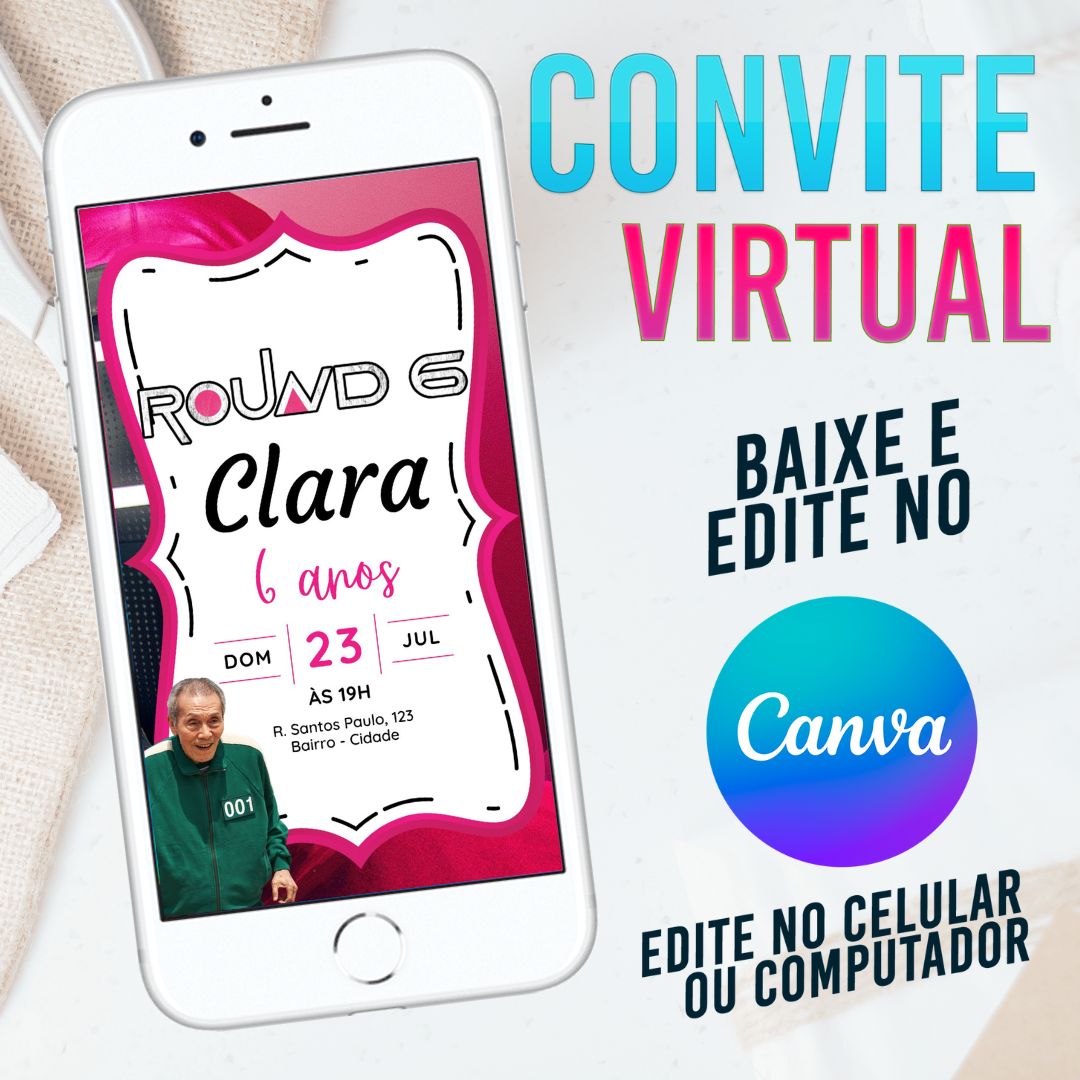 Round 6 convite Editável no Canva. Convite Virtual Round 6. Convite Virtual Round 6 Template Canva.