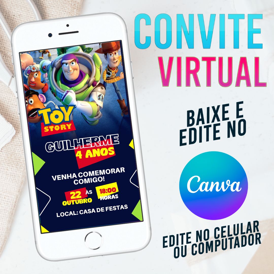 Toy Story convite Editável no Canva. Convite Virtual Toy Story. Convite Virtual Toy Story Template Canva.