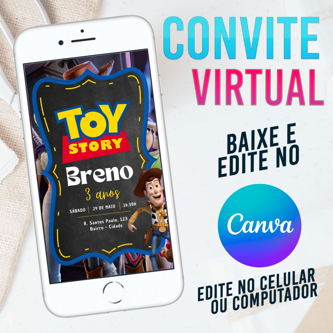 Toy Story convite Editável no Canva. Convite Virtual Toy Story. Convite Virtual Toy Story Template Canva.