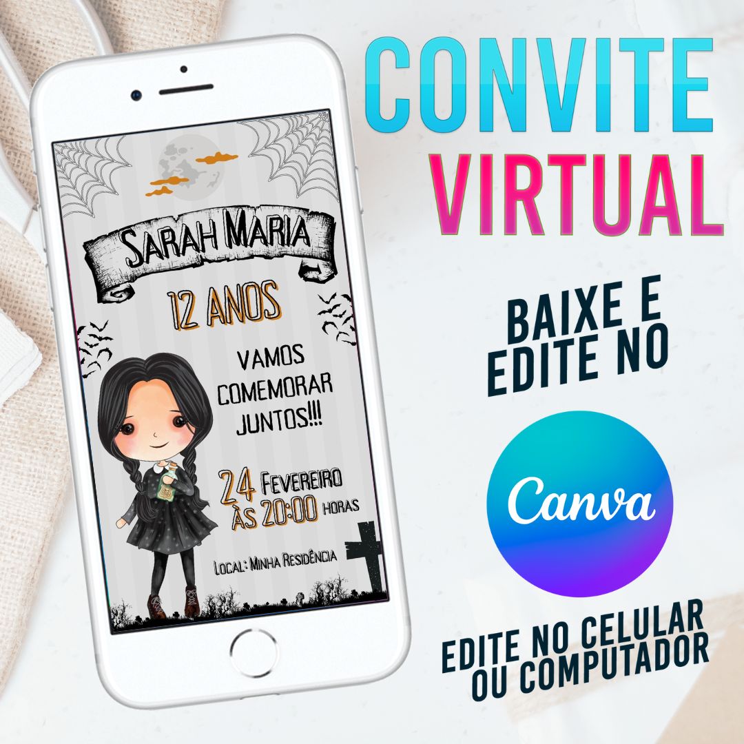 Wandinha convite Editável no Canva. Convite Virtual Wandinha. Convite Virtual Wandinha Template Canva.