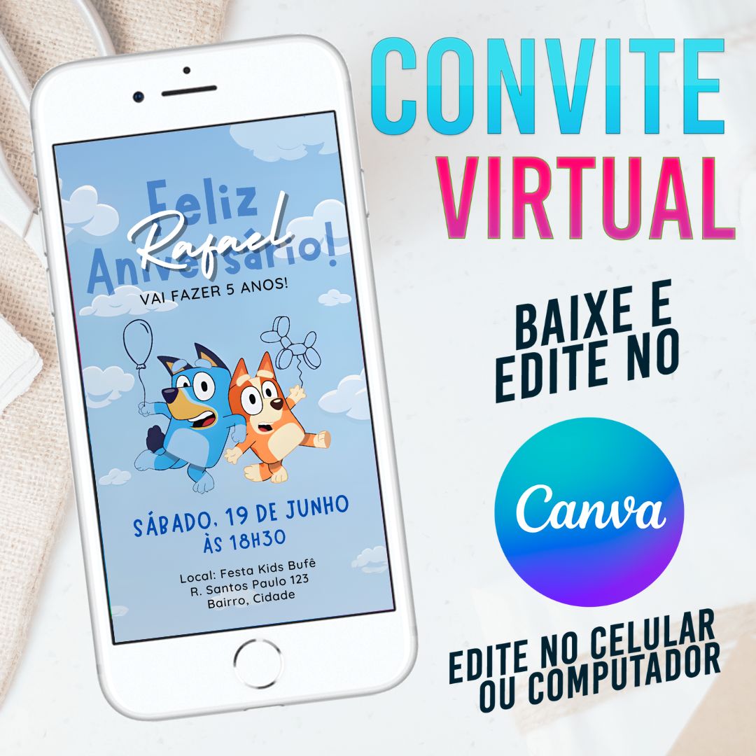Bluey convite Editável no Canva. Convite Virtual Bluey. Convite Virtual Bluey. Template Canva.