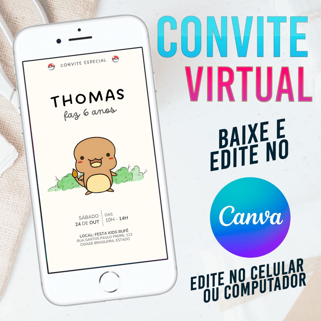 Charmander Pokemon Minimalista convite Editável no Canva. Convite Virtual Charmander Pokemon Minimalista. Convite Virtual Charmander Pokemon Minimalista 2. Charmander Baby. Charmander Cute. Template Canva.