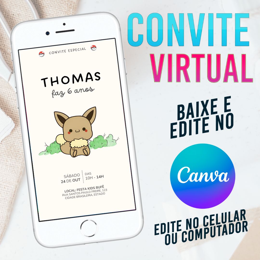 Eve Pokemon Minimalista convite Editável no Canva. Convite Virtual Eve Pokemon Minimalista. Convite Virtual Eve Pokemon Minimalista 2. Eve Baby. Eve Cute. Template Canva.