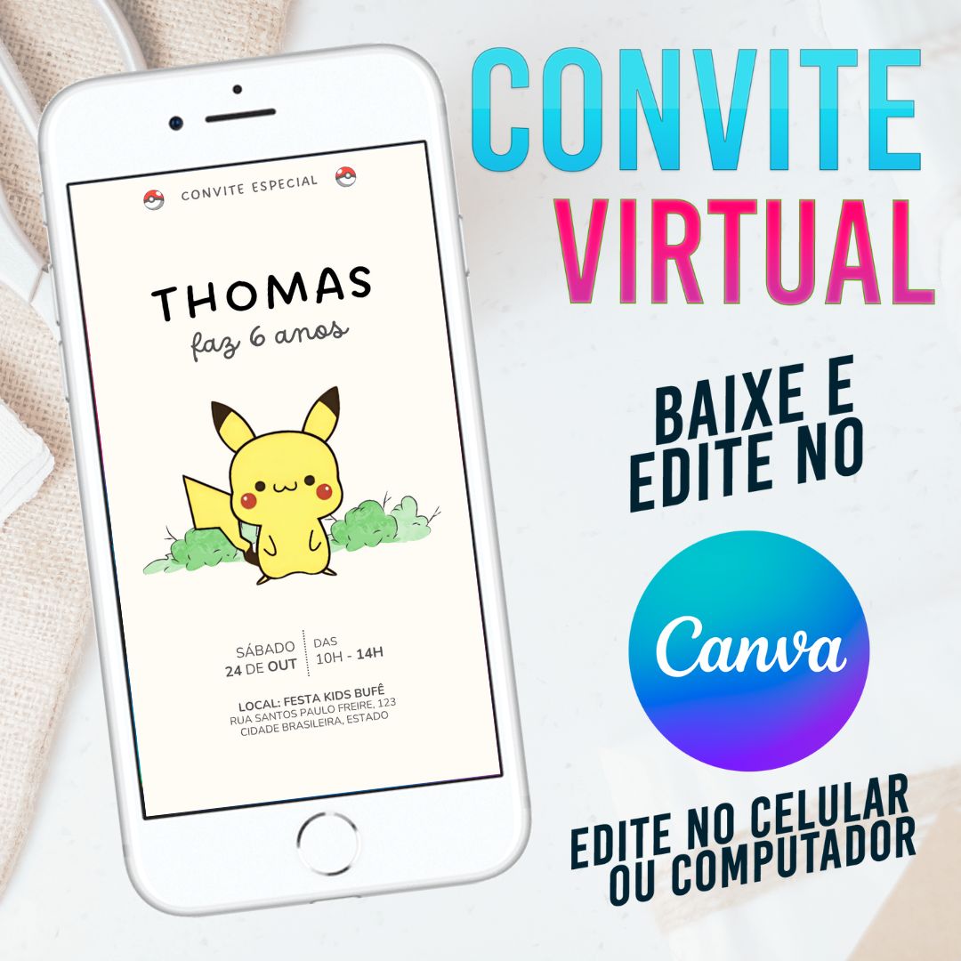 Pikachu Pokemon Minimalista convite Editável no Canva. Convite Virtual Pikachu Pokemon Minimalista. Convite Virtual Pikachu Pokemon Minimalista 2. Pikachu Baby. Pikachu Cute. Template Canva.