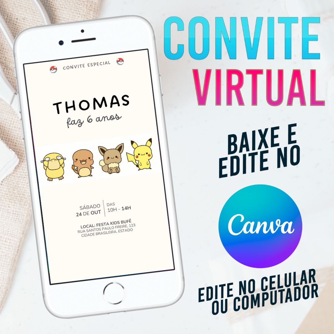 Pokemon Minimalista 2 convite Editável no Canva. Convite Virtual Pokemon Minimalista. Convite Virtual Pokemon Minimalista 2. Pokemon Baby. Pokemon Cute. Template Canva.
