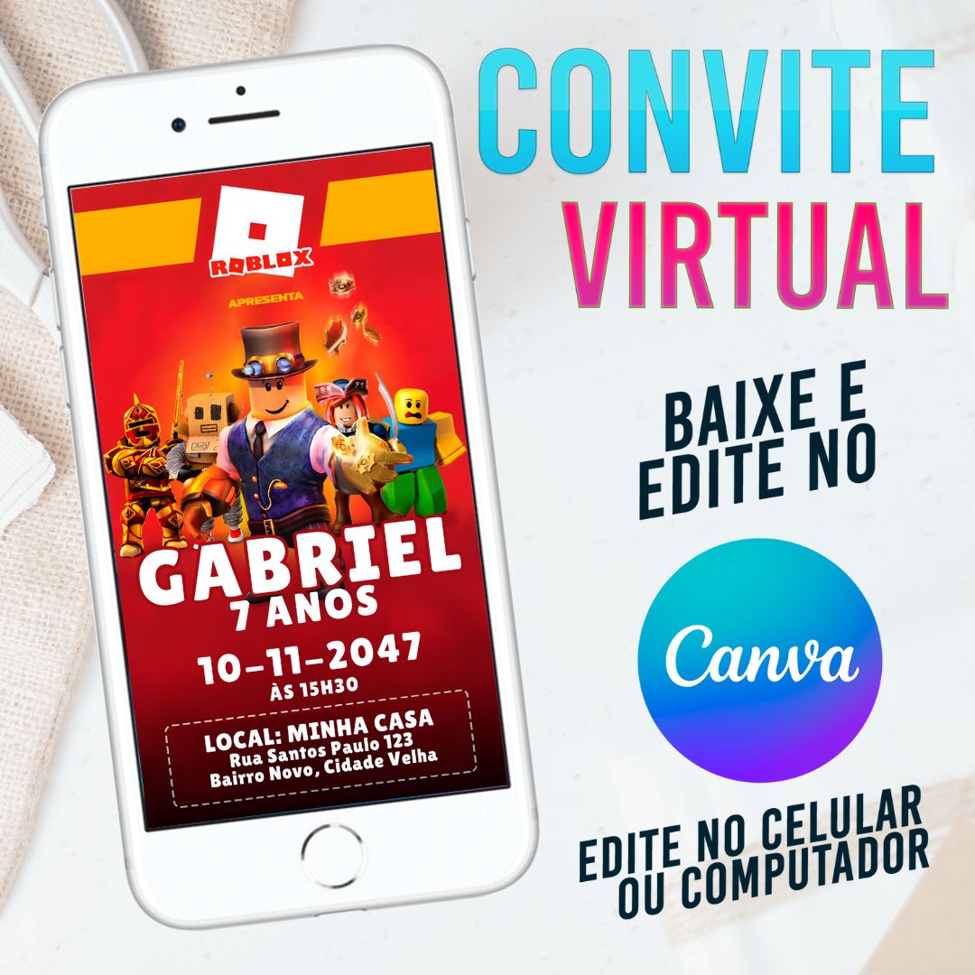 Convite Roblox Vermelho Digital Editável - Template Canva Personalizado