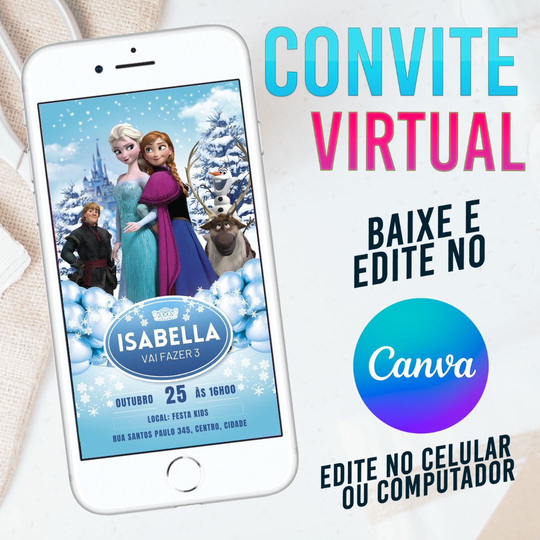 Frozen Convite Digital editável no Canva. DIY Frozen Convite. Template Canva.