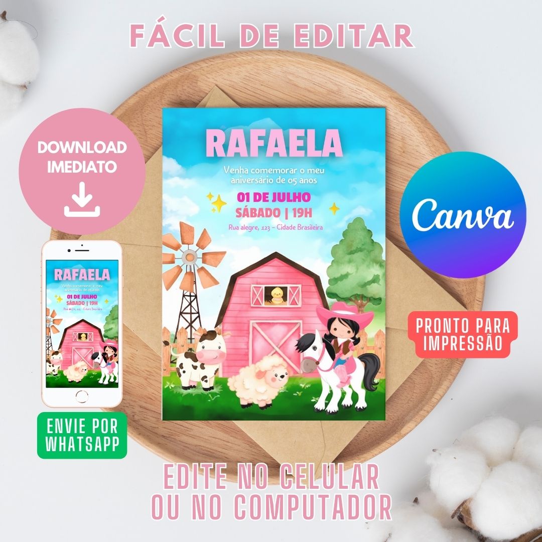 Fazendinha Rosa Cowgirl Boiadeira Convite Digital editável no Canva. DIY Fazendinha Rosa Cowgirl Boiadeira Convite. Template Canva. Convite Boiadeira Canva.