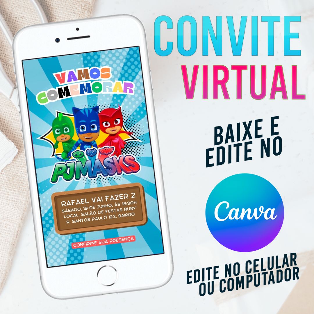 PJ Masks Convite Digital editável no Canva. DIY PJ Masks Convite. Template Canva.