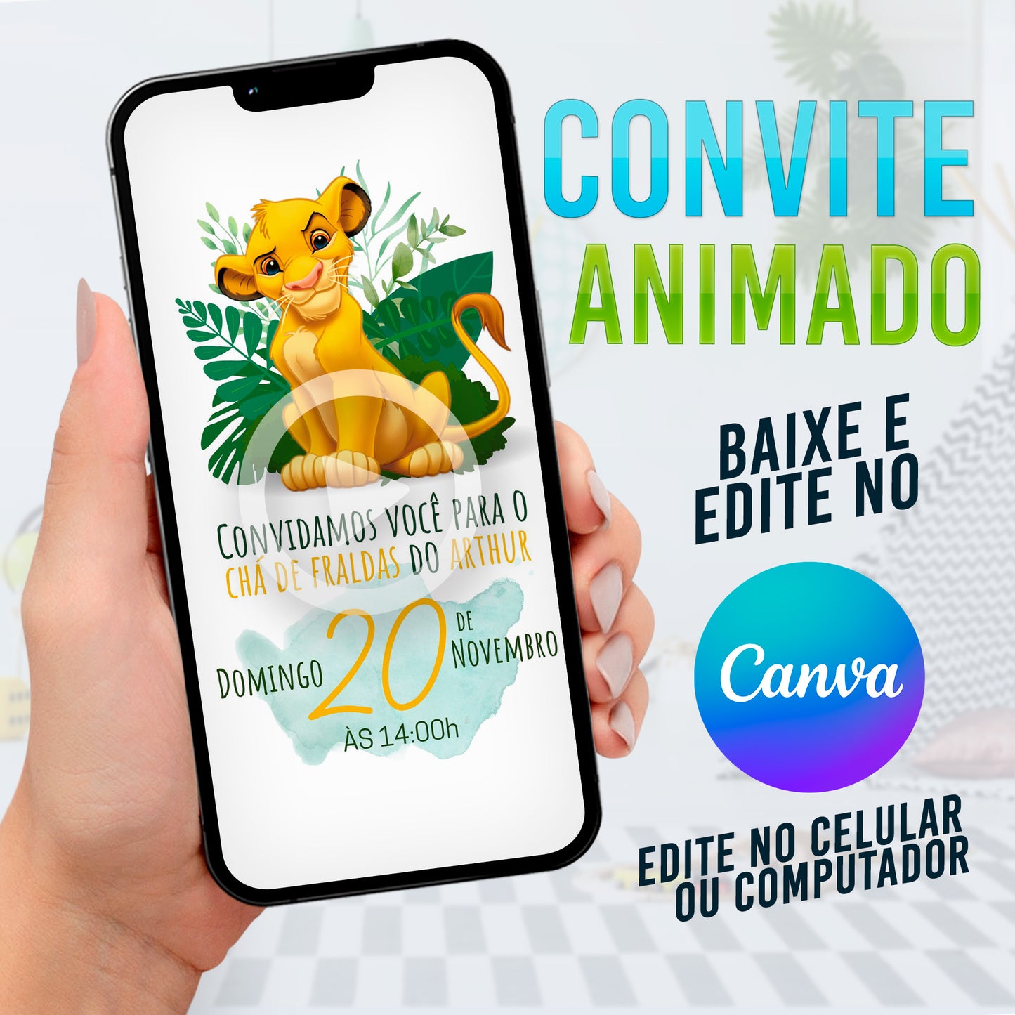 Rei Leão Simba Convite Animado editável no Canva. Festa Rei Leão Simba. Convite animado Rei Leão Simba. Template Convite Rei Leão Simba.
