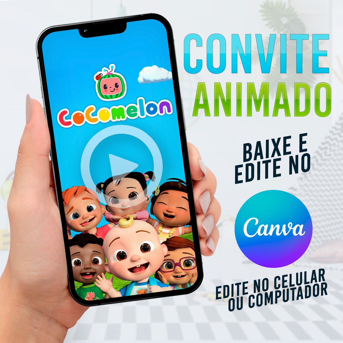 Cocomelon Convite Animado Editável no Canva. Convite Cocomelon. Template Canva. Template convite Canva.