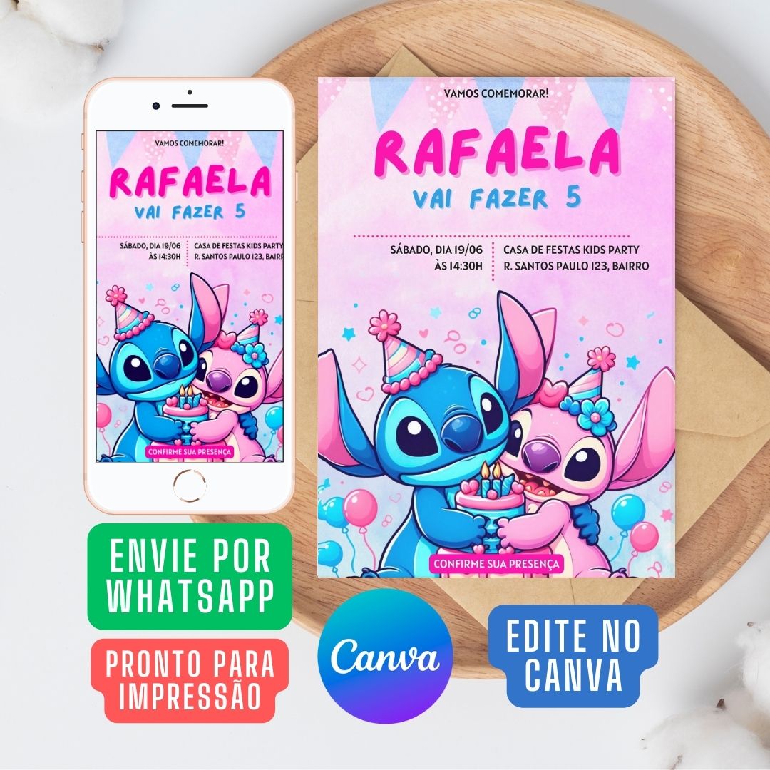 Lilo e Stitch Convite Virtual editável no Canva. Lilo e Convite Digital Lilo e Stitch editável no Canva. Convite Lilo e Stitch WhatsApp template Canva.