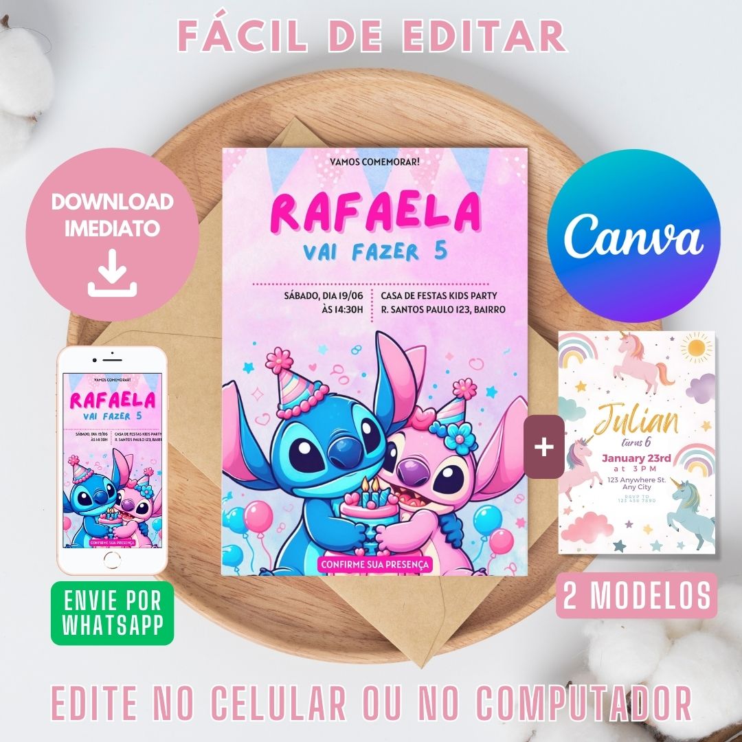 Lilo e Stitch Convite Virtual editável no Canva. Lilo e Convite Digital Lilo e Stitch editável no Canva. Convite Lilo e Stitch WhatsApp template Canva.