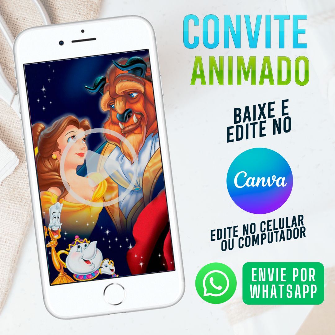 Convite Bela e a Fera Castelo Encantado - Festa Princesa Mágica Animada