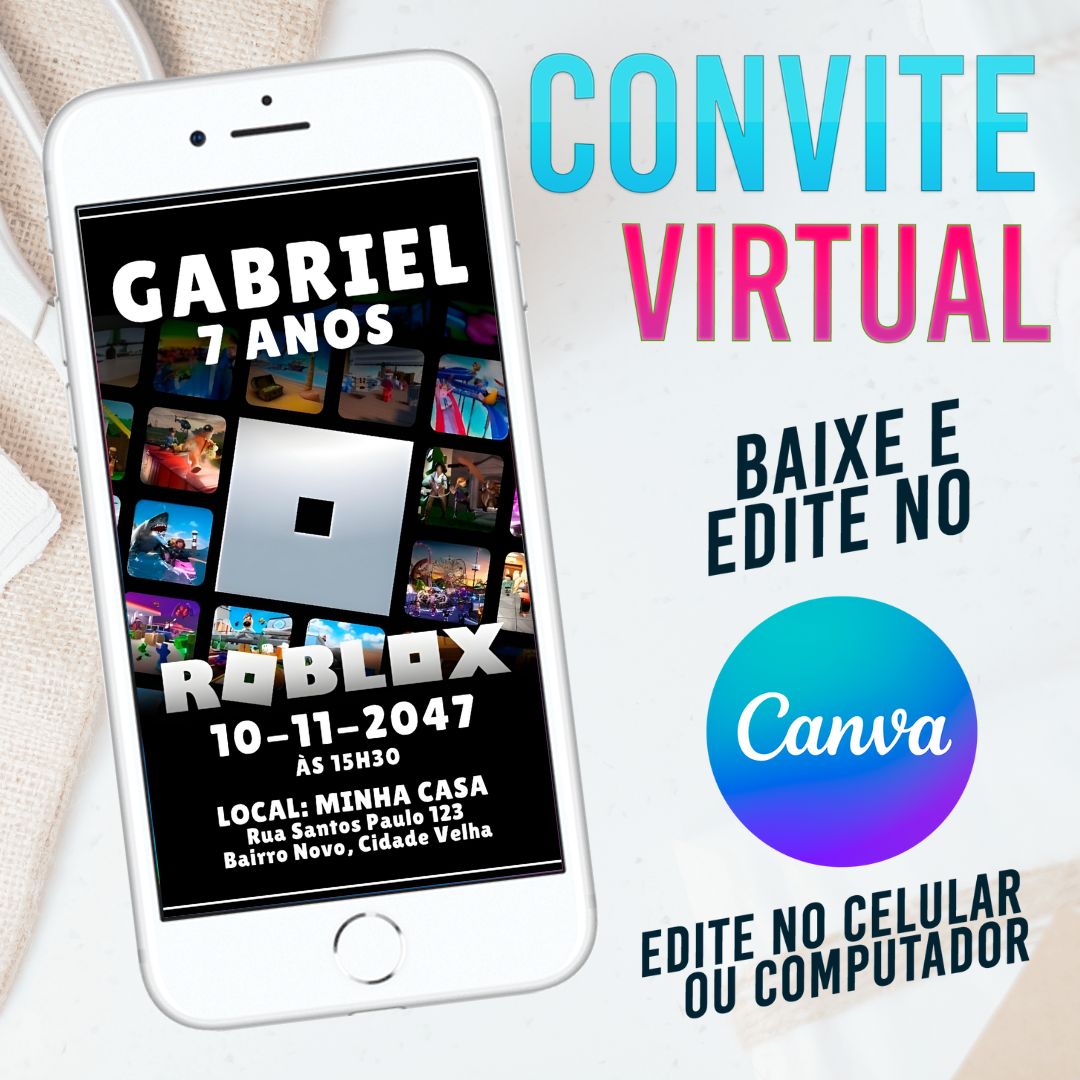 ROBLOX convite Editável no Canva. Convite Virtual ROBLOX. Convite Virtual ROBLOX Template Canva.