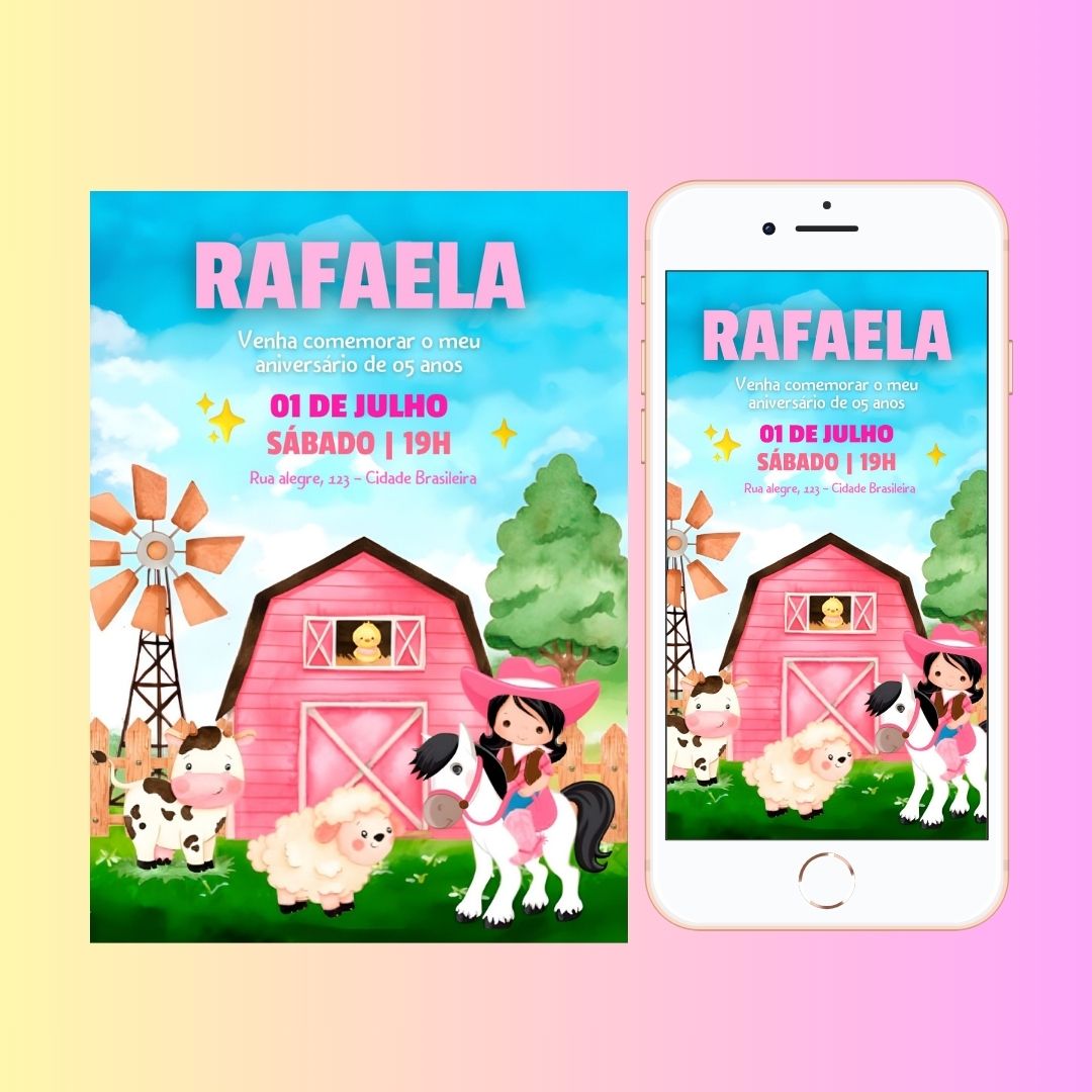 Fazendinha Rosa Cowgirl Boiadeira Convite Digital editável no Canva. DIY Fazendinha Rosa Cowgirl Boiadeira Convite. Template Canva. Convite Boiadeira Canva.