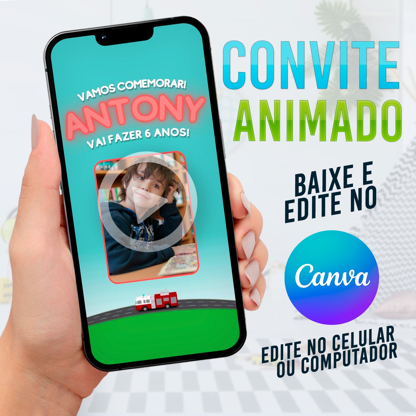 Bombeiro Convite animado editável no Canva. Convite animado Bombeiro. Convite de aniversário Bombeiro. Festa Bombeiro. Decoração bombeiro.