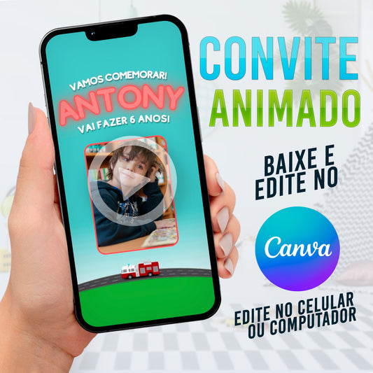 Bombeiro Convite animado editável no Canva. Convite animado Bombeiro. Convite de aniversário Bombeiro. Festa Bombeiro. Decoração bombeiro.