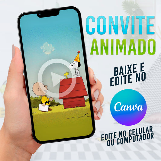 Charlie Braw Snoopy Convite Animado editável no Canva. Festa Charlie Braw Snoopy. Convite animado Charlie Braw Snoopy. Template Convite Charlie Braw Snoopy. 01