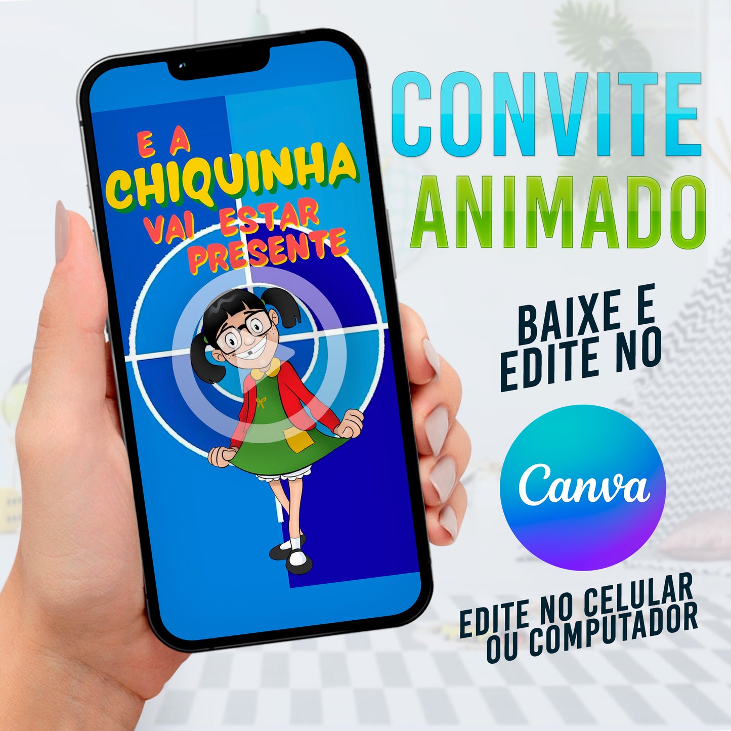 Chiquinha Turma do Chavez Convite Animado editável no Canva. Convite Chiquinha Turma do Chavez. Festa Chiquinha Turma do Chavez.