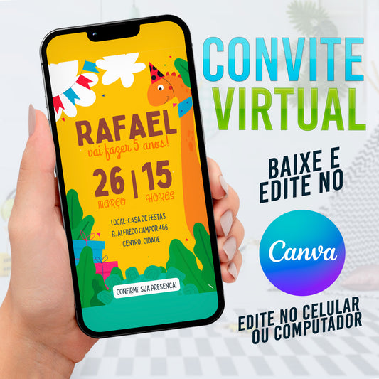 Dinossauro Convite Virtual no Canva. Convite Dinossauro. Convite Dinossauro. Dino Baby. 0015