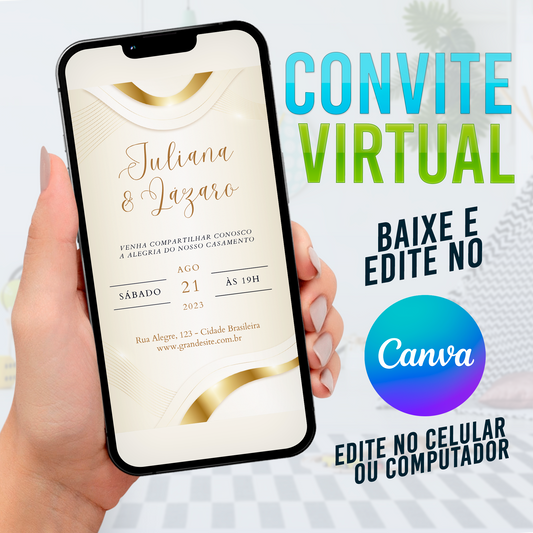 Convite Casamento Dourado no Canva. Template Convite Casamendo. Download convite casamento Canva. 0001
