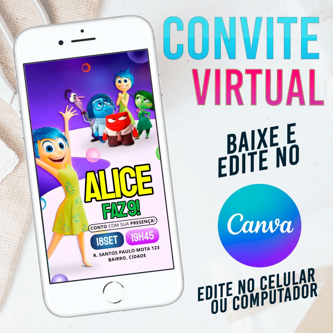 Divertida Mente 2 convite Editável no Canva. Convite Virtual Divertida Mente 2. Convite Virtual Divertida Mente 2 Template Canva. Convite Divertidamente.