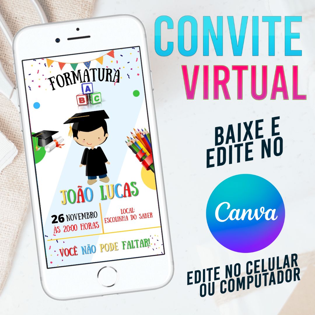 Forrmatura convite Editável no Canva. Convite Virtual Formatura. Convite Virtual Formatura Template Canva.