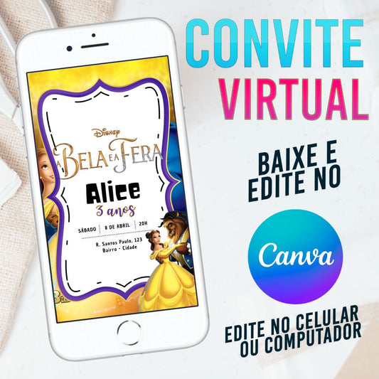 A Bela e a Fera convite Editável no Canva. Convite Virtual A Bela e a Fera. Convite Virtual A Bela e a Fera Template Canva.